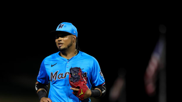 Mar 4, 2024; Jupiter, Florida, USA; Miami Marlins second baseman Luis Arraez (3) looks on against the New York Yankees during the third inning at Roger Dean Chevrolet Stadium. Mandatory Credit: Sam Navarro-USA TODAY Sports  